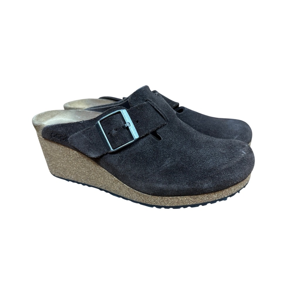 Papillio Birkenstock Wedge Clogs Women 38 Brown Suede Buckle Platform Mules